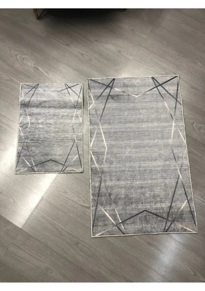 Gümüş Şeritli Gri Banyo Halı Takımı (60 x 100 - 40 x 60) - CP1098