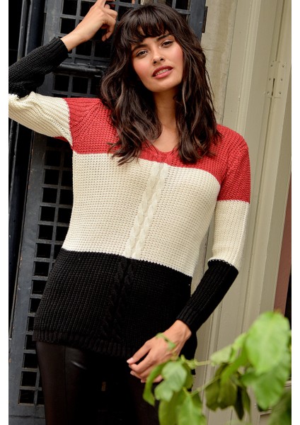 Kadın Kırmızı V Yaka Çizgili Renk Bloklu Kazak, Uzun Kol, Regular Kesim, Standart Boy Triko fiyatları