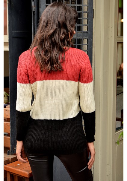 Kadın Kırmızı V Yaka Çizgili Renk Bloklu Kazak, Uzun Kol, Regular Kesim, Standart Boy Triko modelleri