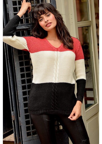 Kadın Kırmızı V Yaka Çizgili Renk Bloklu Kazak, Uzun Kol, Regular Kesim, Standart Boy Triko indirimleri