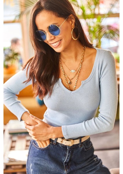 Kadın Mavi V Yaka Uzun Kol Basic Regular Kesim Standart Boy Bluz modelleri