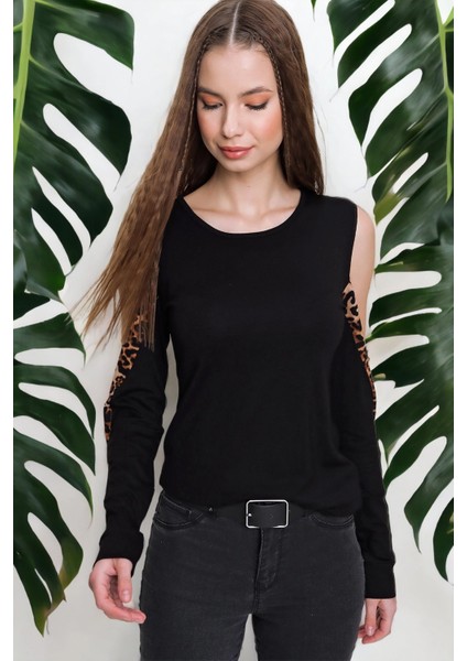 Kadın Siyah Yuvarlak Yaka Uzun Kol Leopar Desenli, Omuz Dekolteli Regular Kesim Standart Boy Bluz