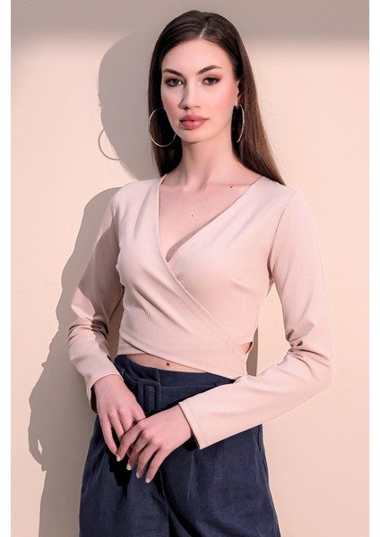 Kadın Bej Uzun Kol Yeni Tarz Kruvaze, Kaşkorse, Likralı Crop Bluz