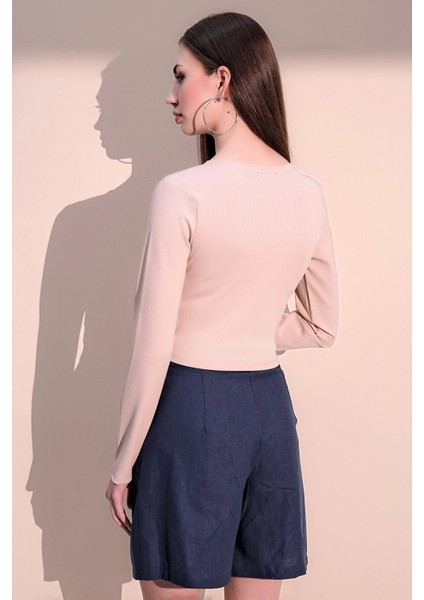Kadın Bej Uzun Kol Yeni Tarz Kruvaze, Kaşkorse, Likralı Crop Bluz