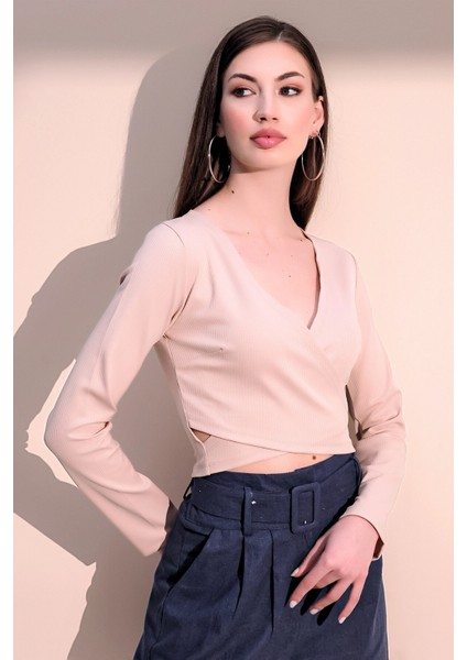 Kadın Bej Uzun Kol Yeni Tarz Kruvaze, Kaşkorse, Likralı Crop Bluz