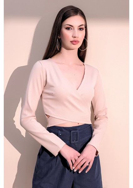 Kadın Bej Uzun Kol Yeni Tarz Kruvaze, Kaşkorse, Likralı Crop Bluz