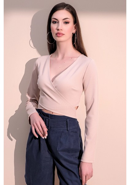 Kadın Bej Uzun Kol Yeni Tarz Kruvaze, Kaşkorse, Likralı Crop Bluz