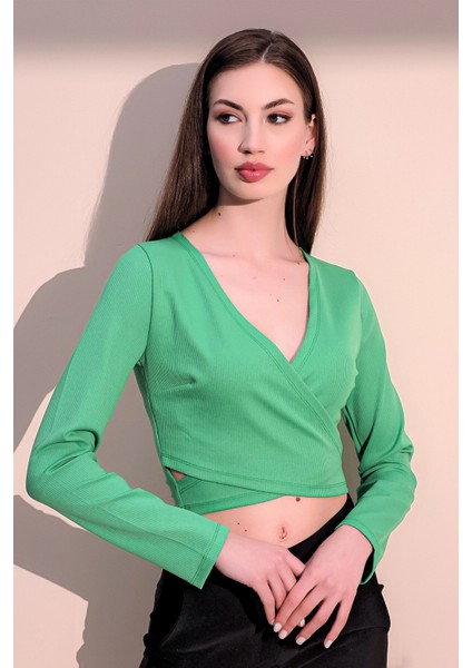 Kadın Yeşil Uzun Kol Yeni Tarz Kruvaze, Kaşkorse, Likralı Crop Bluz