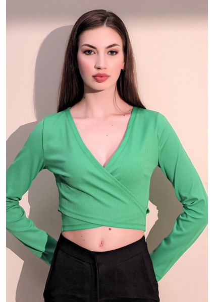 Kadın Yeşil Uzun Kol Yeni Tarz Kruvaze, Kaşkorse, Likralı Crop Bluz fiyatları