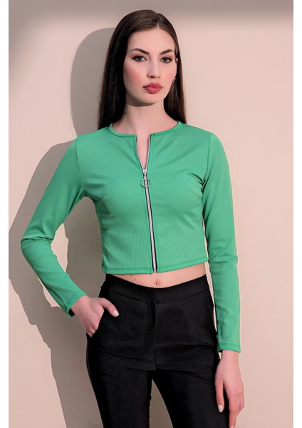 Kadın Yeşil Uzun Kol Yuvarlak Yaka Kaliteli Likralı Kumaş Fermuarlı Kaşkorse Crop Bluz