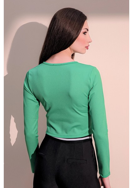 Kadın Yeşil Uzun Kol Yuvarlak Yaka Kaliteli Likralı Kumaş Fermuarlı Kaşkorse Crop Bluz