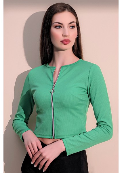 Kadın Yeşil Uzun Kol Yuvarlak Yaka Kaliteli Likralı Kumaş Fermuarlı Kaşkorse Crop Bluz