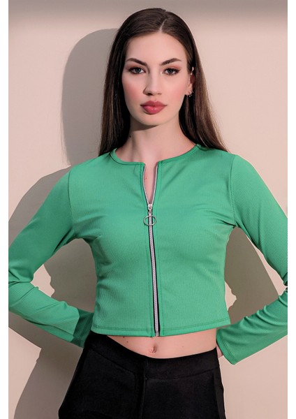 Kadın Yeşil Uzun Kol Yuvarlak Yaka Kaliteli Likralı Kumaş Fermuarlı Kaşkorse Crop Bluz