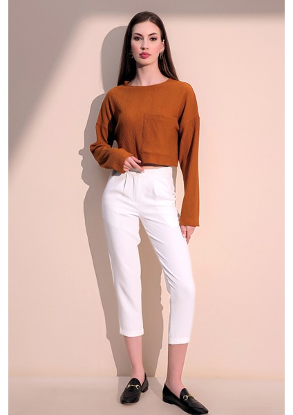 Kadın Hardal Uzun Kol Kendinden Dokulu Cepli Crop Sweatshirt, Salaş Kesim Bluz