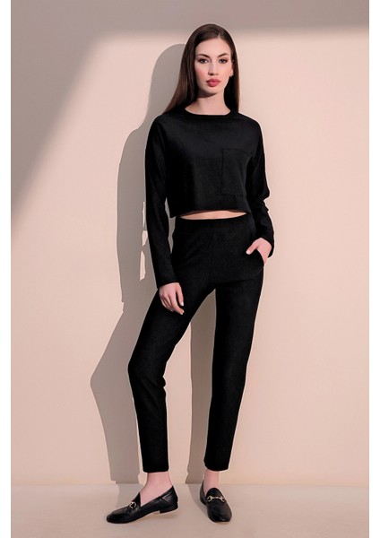 Kadın Siyah Kendinden Dokulu Cepli Crop Sweatshirt, Salaş Kesim fiyatları