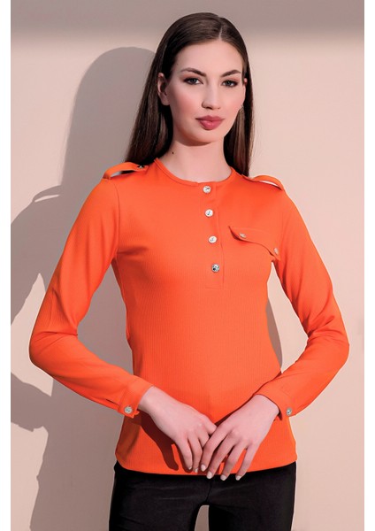 Kadın Turuncu Uzun Kol Kaliteli Apoletli Yarım Patlı Kaşkorse Cepli Düz Kesim Bluz