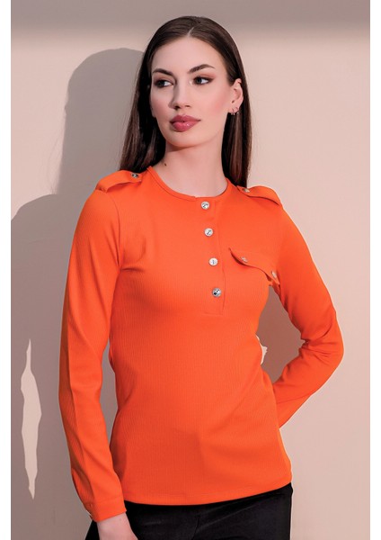 Kadın Turuncu Uzun Kol Kaliteli Apoletli Yarım Patlı Kaşkorse Cepli Düz Kesim Bluz fiyatları