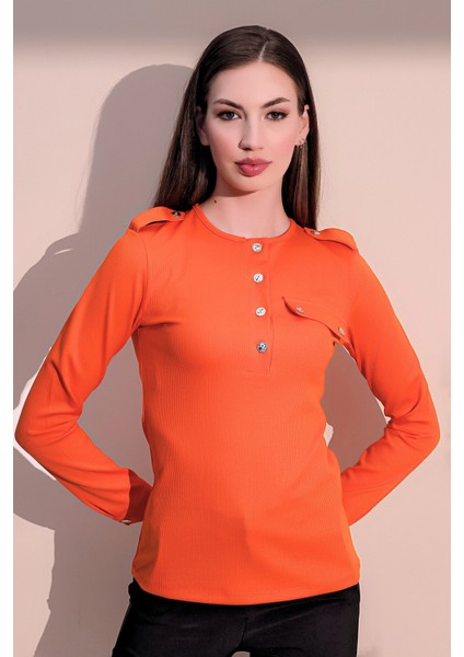 Kadın Turuncu Uzun Kol Kaliteli Apoletli Yarım Patlı Kaşkorse Cepli Düz Kesim Bluz modelleri