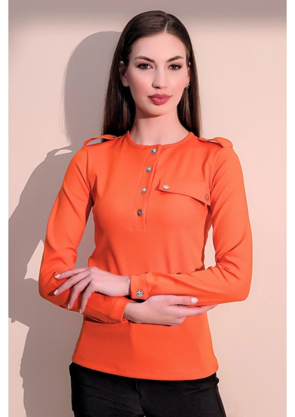 Kadın Turuncu Uzun Kol Kaliteli Apoletli Yarım Patlı Kaşkorse Cepli Düz Kesim Bluz fırsatları