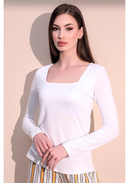 Kadın Beyaz Günlük Stil Basic Kare Yaka Uzun Kol Bluz fiyatları
