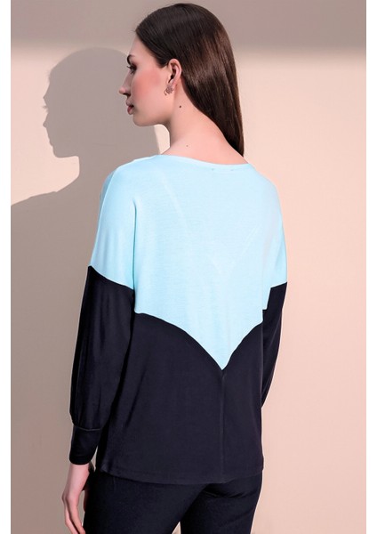 Kadın Mint V Yaka Color Block Basic Salaş - Rahat Penye Bluz