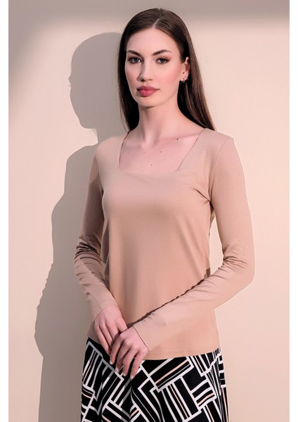 Kadın Bej Günlük Stil Basic Kare Yaka Uzun Kol Bluz