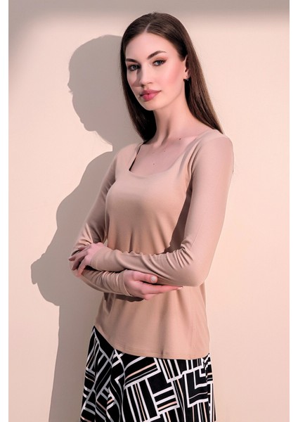 Kadın Bej Günlük Stil Basic Kare Yaka Uzun Kol Bluz