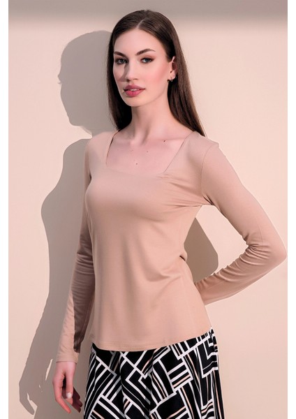 Kadın Bej Günlük Stil Basic Kare Yaka Uzun Kol Bluz