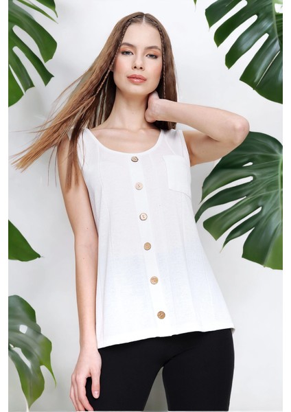 Kadın Ekru Sıfır Kol Detaylı Regular Kesim Standart Boy Askılı Düğmeli Ince Örme Triko Bluz
