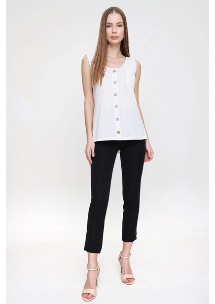 Kadın Ekru Sıfır Kol Detaylı Regular Kesim Standart Boy Askılı Düğmeli Ince Örme Triko Bluz fiyatları