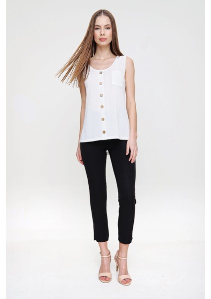 Kadın Ekru Sıfır Kol Detaylı Regular Kesim Standart Boy Askılı Düğmeli Ince Örme Triko Bluz modelleri