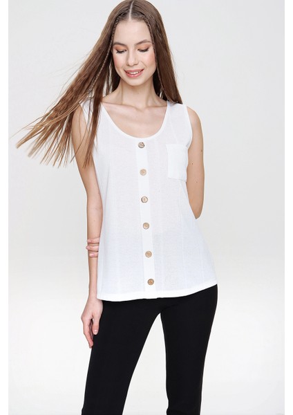 Kadın Ekru Sıfır Kol Detaylı Regular Kesim Standart Boy Askılı Düğmeli Ince Örme Triko Bluz fırsatları