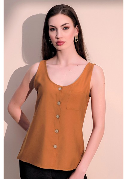 Kadın Kiremit Kalın Askılı Keten Bluz, Yuvarlak Yaka ve Düğmeli Kolsuz Gömlek Atlet