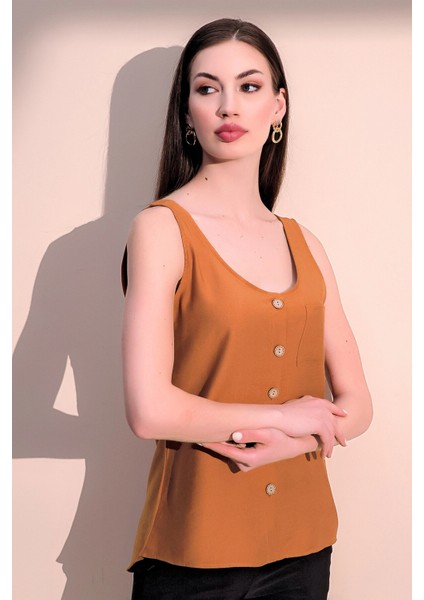 Kadın Kiremit Kalın Askılı Keten Bluz, Yuvarlak Yaka ve Düğmeli Kolsuz Gömlek Atlet modelleri