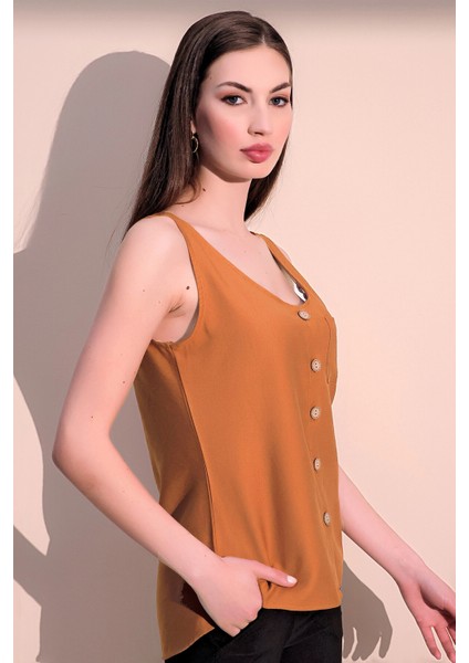 Kadın Kiremit Kalın Askılı Keten Bluz, Yuvarlak Yaka ve Düğmeli Kolsuz Gömlek Atlet fırsatları