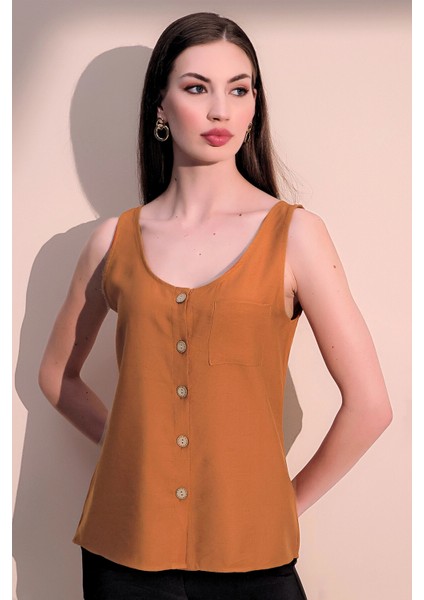 Kadın Kiremit Kalın Askılı Keten Bluz, Yuvarlak Yaka ve Düğmeli Kolsuz Gömlek Atlet indirimleri