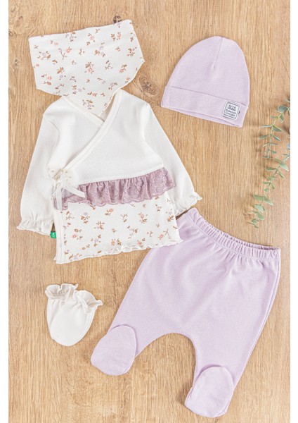 Çiçek Desenli Güpürlü 5 Parça Kız Bebek Hastane Çıkışı Bebek Takımı