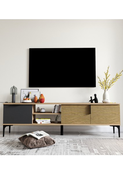 Tarz Raflı 180 cm Metal Kulp Tv Ünitesi (Sepet - Antrasit) DUBLIN002