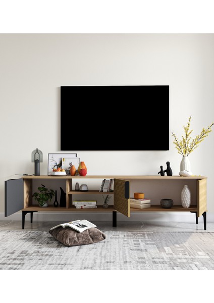 Tarz Raflı 180 cm Metal Kulp Tv Ünitesi (Sepet - Antrasit) DUBLIN002 modelleri