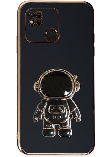 Xiaomi Redmi 10C Kılıf Kamera Korumalı Astronot Desenli Standlı Silikon Siyah
