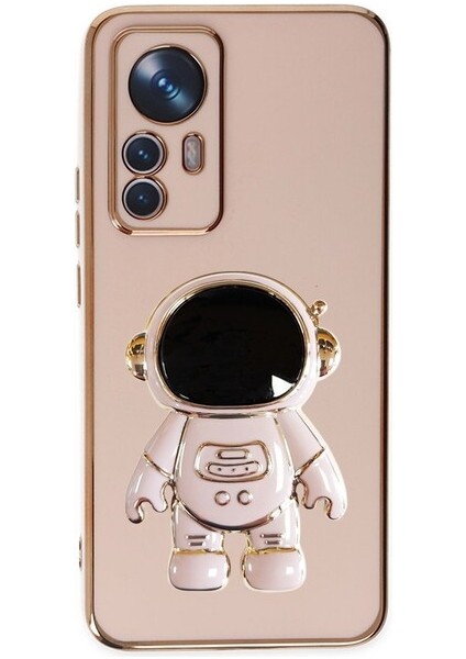 Xiaomi 12T Kılıf Kamera Korumalı Astronot Desenli Standlı Silikon Pembe