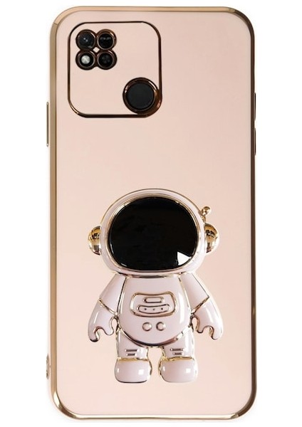 Xiaomi Redmi 10C Kılıf Kamera Korumalı Astronot Desenli Standlı Silikon Pembe