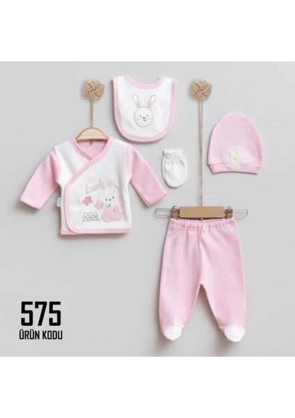 Papatyalı Tavşan Desenli, Pembe Renk, Yenidoğan Kız Bebek Zıbını, 5'li Hastane Çıkış Zıbın Seti %100 Organik Pamuk (0-3 Ay) (575)
