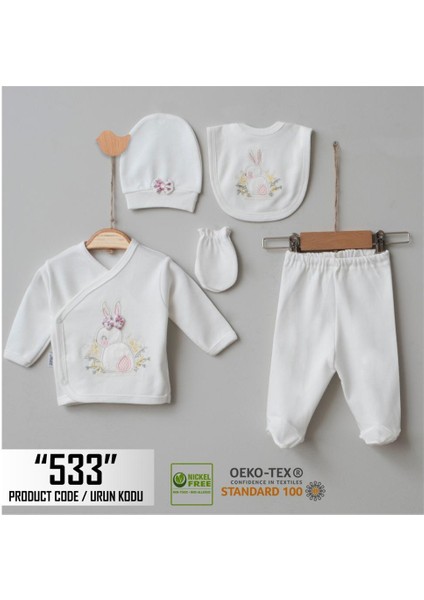 Fiyonklu Tavşan Desenli, Beyaz Renk, Yenidoğan Kız Bebek Zıbını, 5'li Hastane Çıkış Zıbın Seti %100 Organik Pamuk (0-3 Ay) (533)