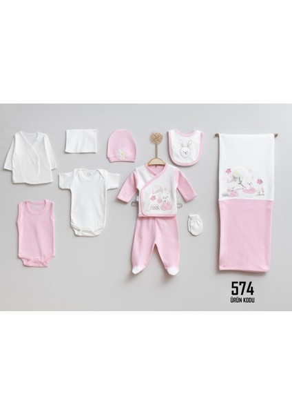 Lovely Ayıcık Tavşan Desenli, Pembe Renk, Yenidoğan Kız Bebek Zıbını, 10'lu Hastane Çıkış Zıbın Seti %100 Organik Pamuk (0-3 Ay) (574)