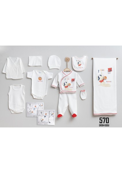 Basketbol Oynayan Tavşan Desenli, Beyaz Renk, Yenidoğan Erkek Bebek Zıbını, 10'lu Hastane Çıkış Zıbın Seti %100 Organik Pamuk (0-3 Ay) (570)