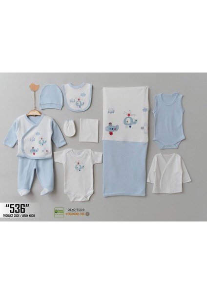 Helikopter Desenli, Beyaz Renk, Yenidoğan Erkek Bebek Zıbını, 10'lu Hastane Çıkış Zıbın Seti %100 Organik Pamuk (0-3 Ay) (536)