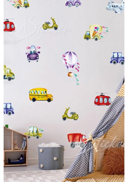 Renkli Araba Otobüs Uçak Helikopter Çocuk Bebek Odası Sticker Seti