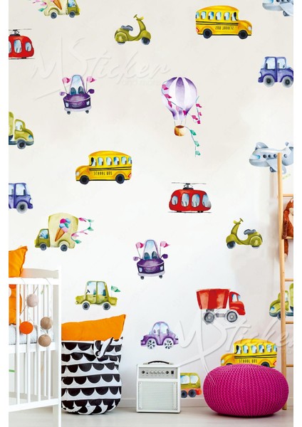 Renkli Araba Otobüs Uçak Helikopter Çocuk Bebek Odası Sticker Seti fiyatları
