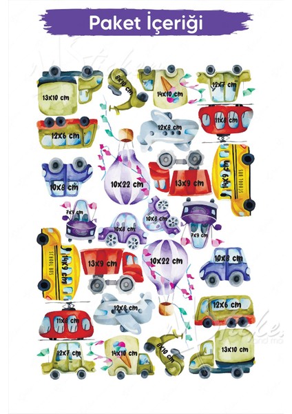 Renkli Araba Otobüs Uçak Helikopter Çocuk Bebek Odası Sticker Seti modelleri